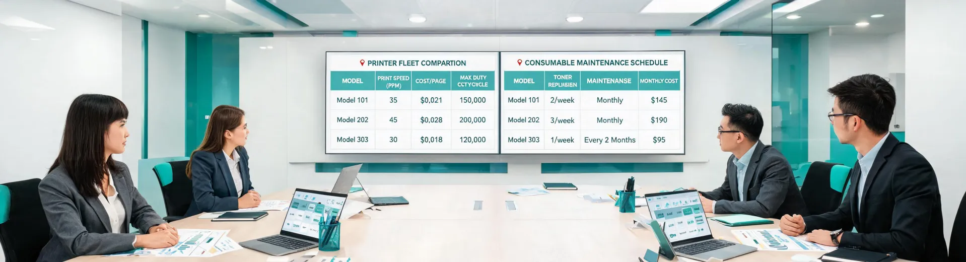 Procurement team reviewing print fleet plan