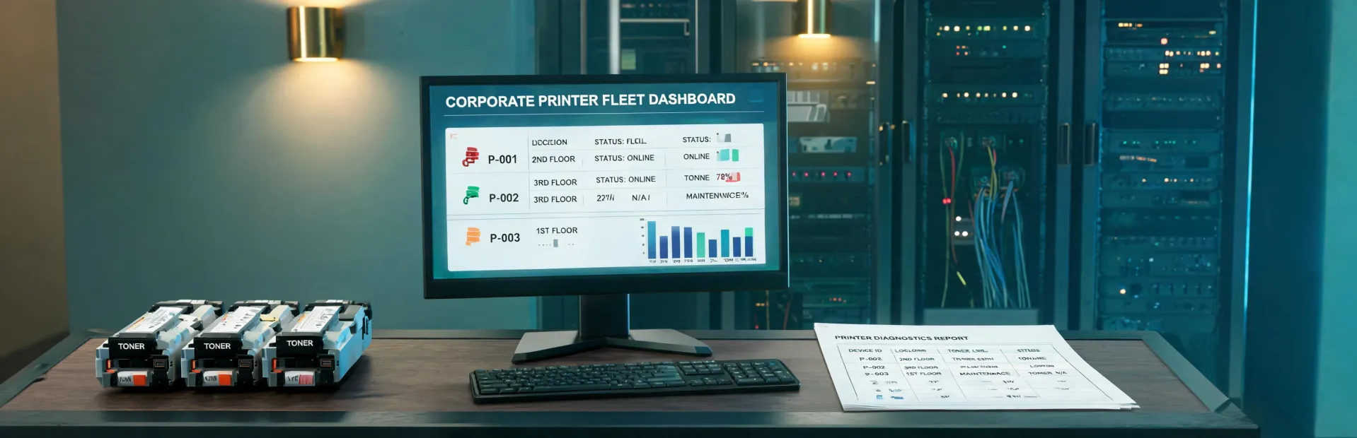 Printer service desk with fleet dashboard